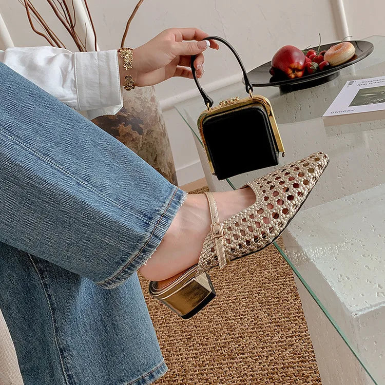 NEW Summer Women Mules Fabric Shoes for Women Pointed Toe Chunky Heel Shoes Cover Toe Slingback Shoes Soft Hollow Modern Sandals