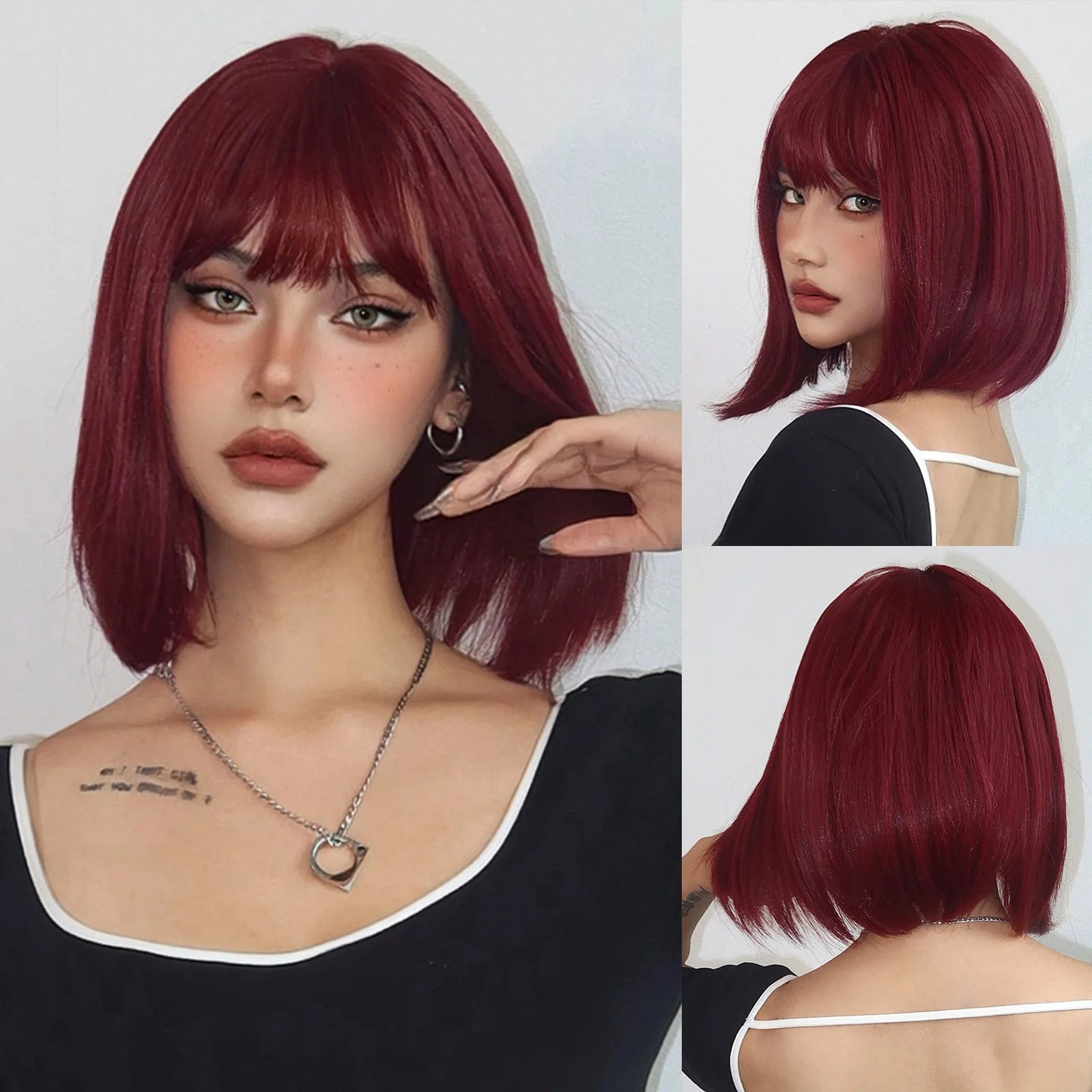 GEMMA Dark Brown Bob Synthetic Natural Hair Wig with Fluffy Bangs for Women Short Straight Wigs Heat Resistant Daily Cosplay Wig