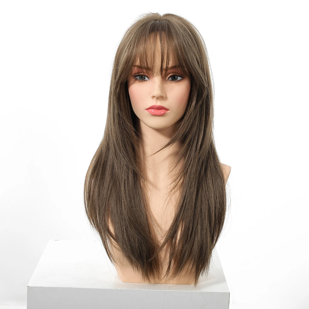 EASIHAIR Brown Straight Layered Wigs for Women Long Natural Hair Synthetic Wigs With Bangs Daily Use Party Heat Resistant Wigs