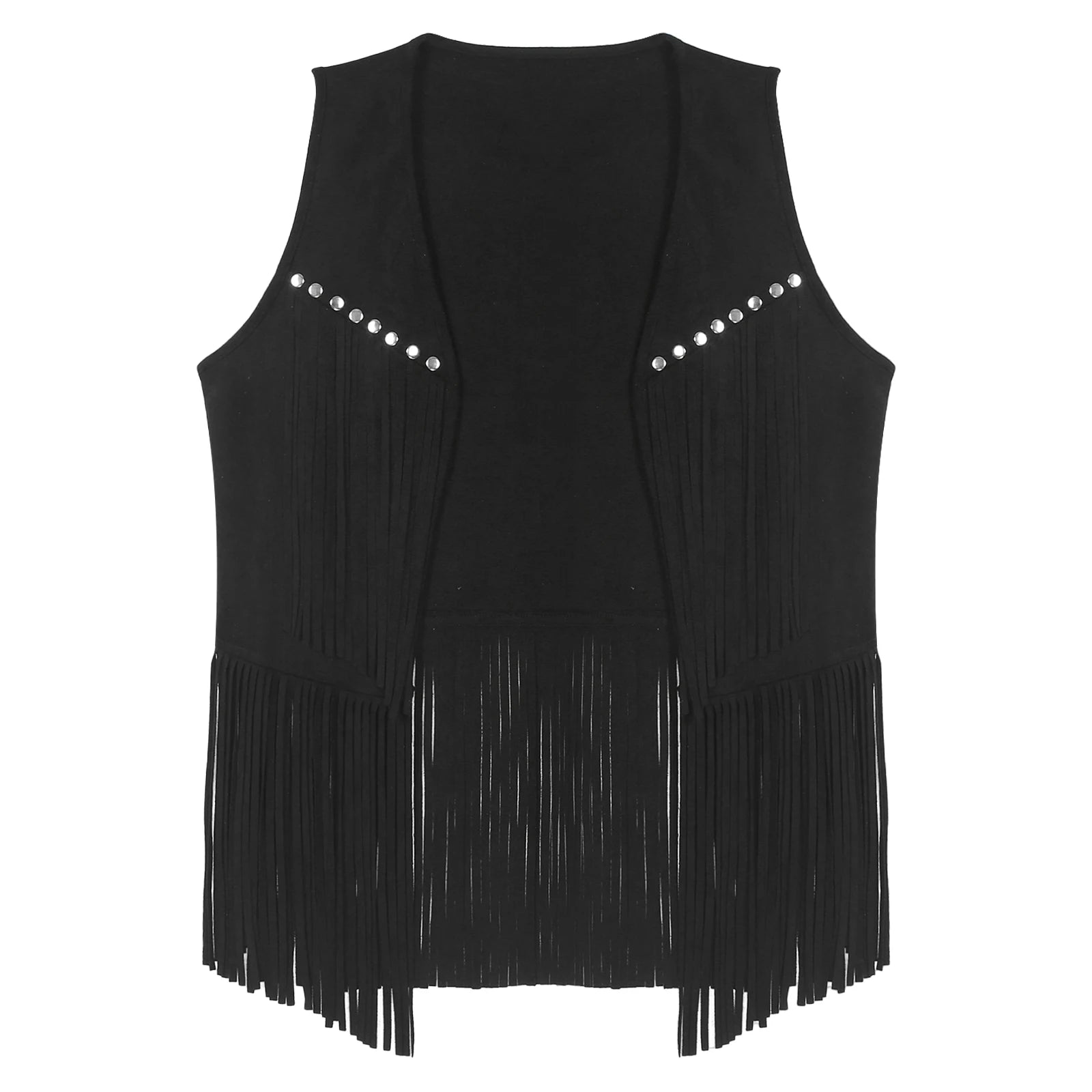 Mens Faux Suede Tassel Vest Coat Punk Western Cowboy Costume Fashion Rivets Fringe Waistcoat Open Front Sleeveless Jacket Tops