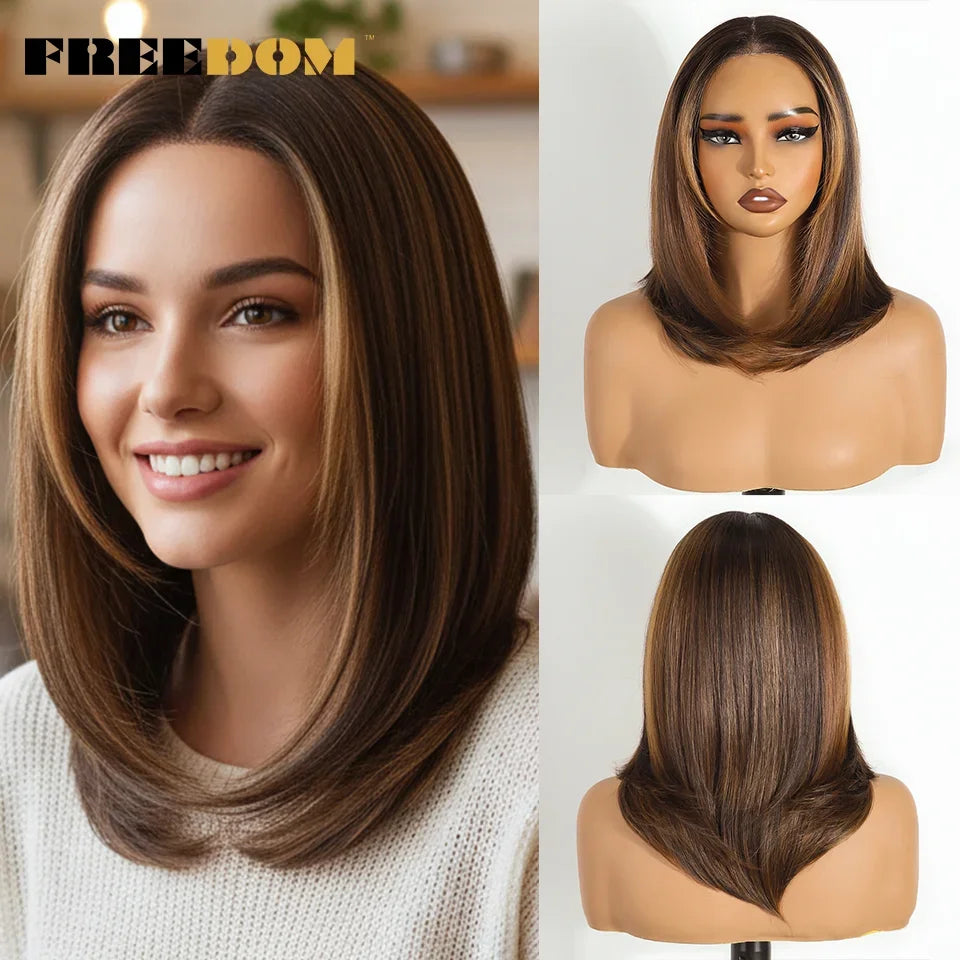 FREEDOM Layered Straight Synthetic Lace Front Wigs For Women Short Bob 6x4 Wear And Go Glueless Wig Ombre Brown Pre Plucked Wigs