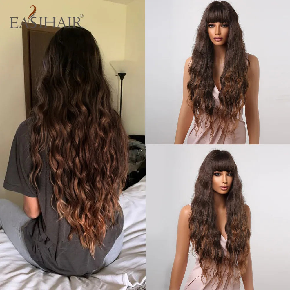 EASIHAIR Ombre Brown Light Blonde Platinum Long Wavy Middle Part Hair Wig Cosplay Natural Heat Resistant Synthetic Wig for Women