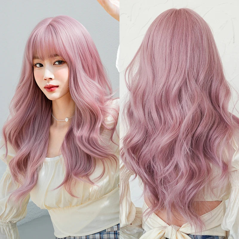 7JHH WIGS Body Wavy Wig Long Loose Curly Brown Wig for Women Daily Use High Density Synthetic Layered Hair Wigs with Bangs