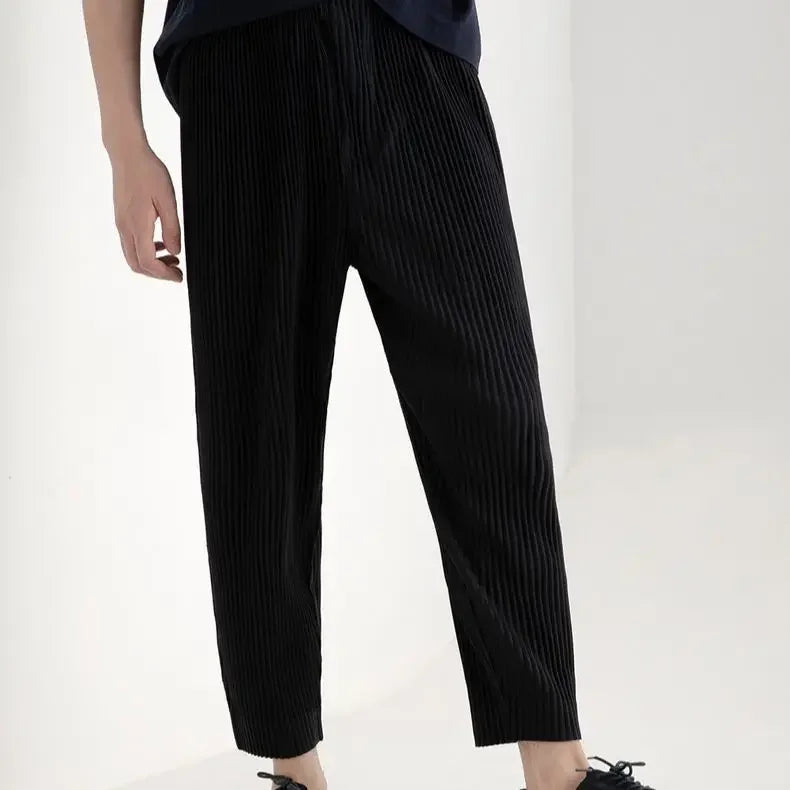 Pleats Pleated Commuter Pants Men's 2024 Autumn New Draped Elastic Trousers Casual Japanese Men Solid Color Nine Minute Pants