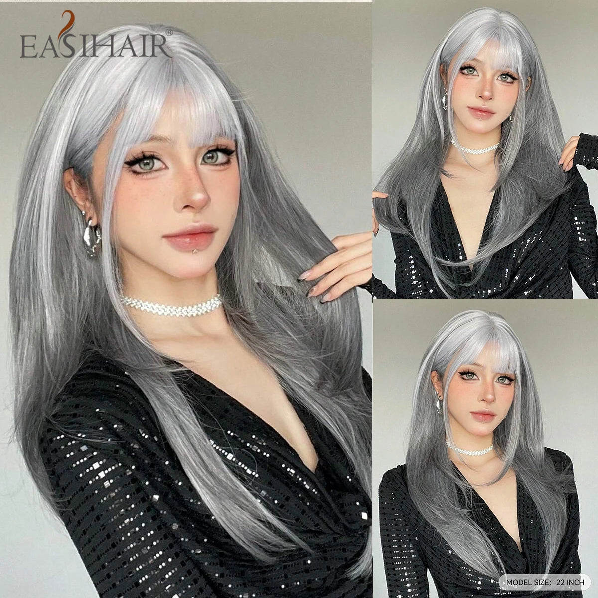 EASIHAIR Purple Synthetic Wigs for Women Long Straight Layered Hair Wigs With Side Bangs Ombre Purple Black Wigs Heat Resistant