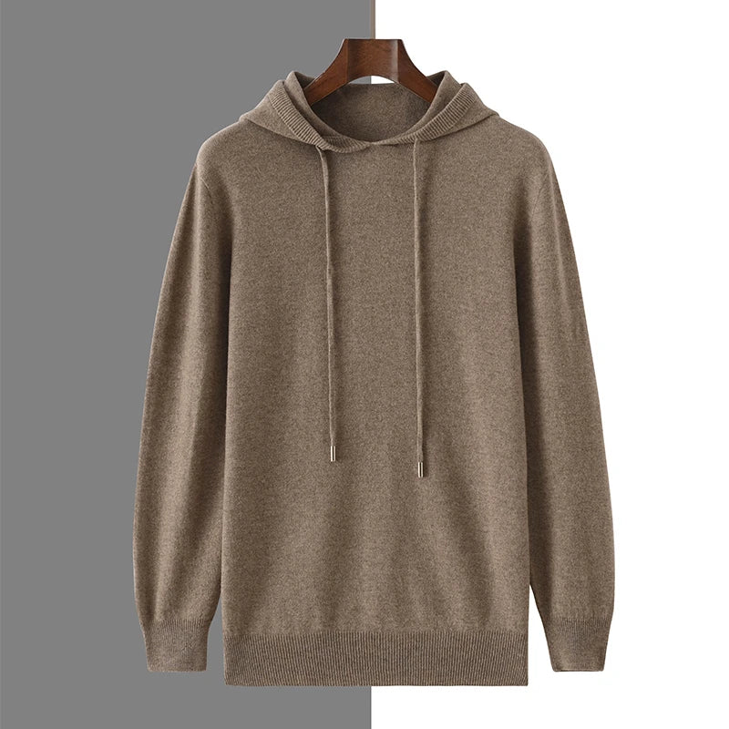 Men's Autumn Winter 100% Merino Wool Sweater Hooded Collar Knitted Pullover Cashmere Sweatshirt Casual Large Tops Long Sleeved