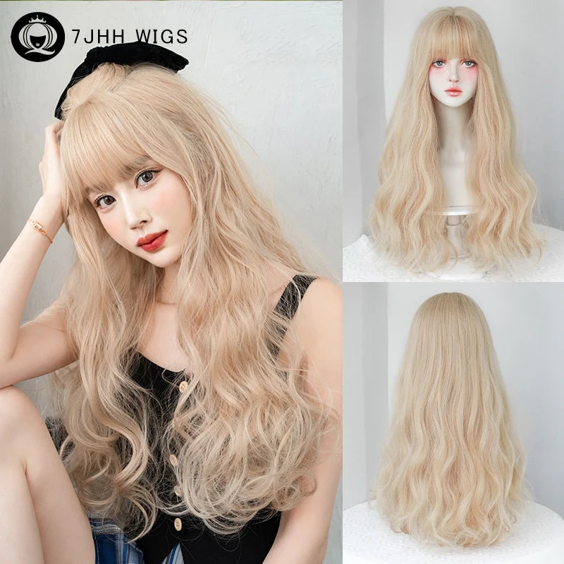 7JHH WIGS Loose Body Wavy Brown Hair Wigs with Neat Bangs High Density Synthetic Fashion Wave Wig for Women Natural Looking