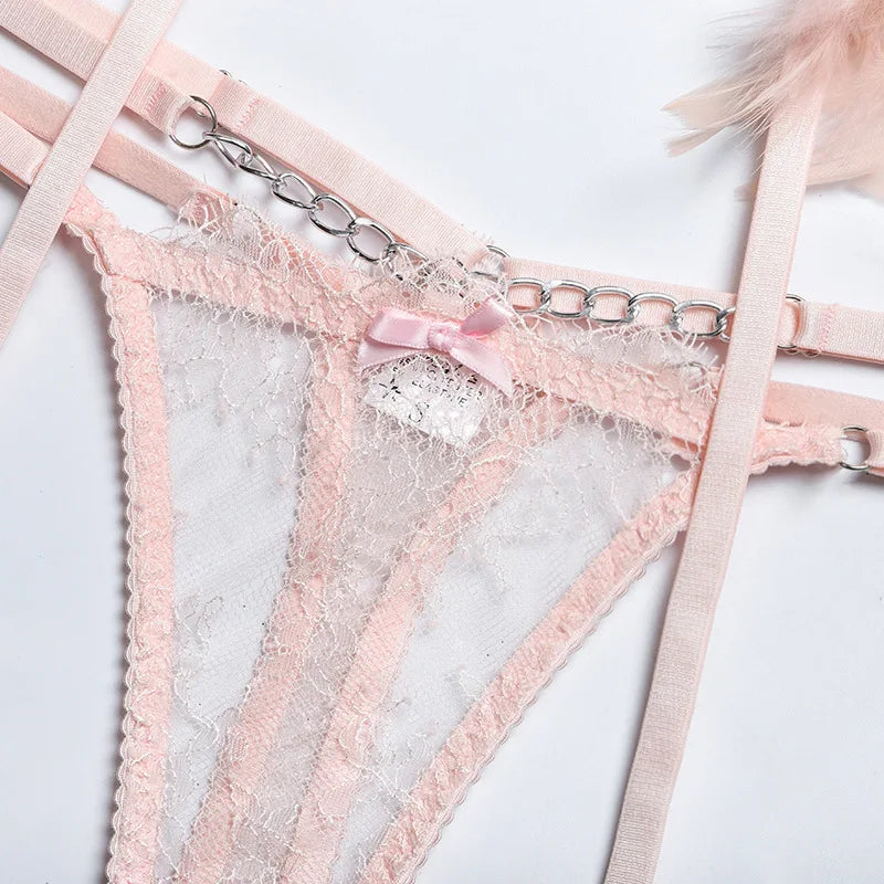 Feathers Transparent Bra Lingerie Set Sexy Underwear Women Body Chain Lace Exotic Set Luxury Intimate See Through Bra and Panty