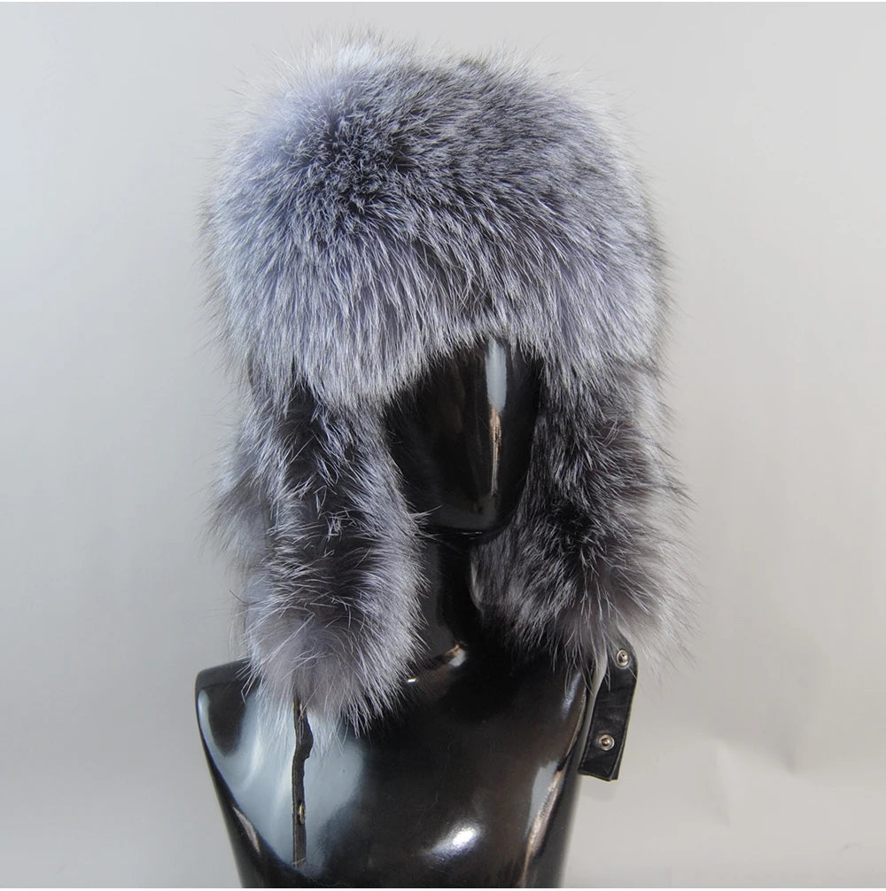 2026 Unisex Outdoor Windproof Winter Natural Real Fox Fur Bombers Hats Women Raccoon Fur Cap Luxury Real Sheepskin Leather Hat