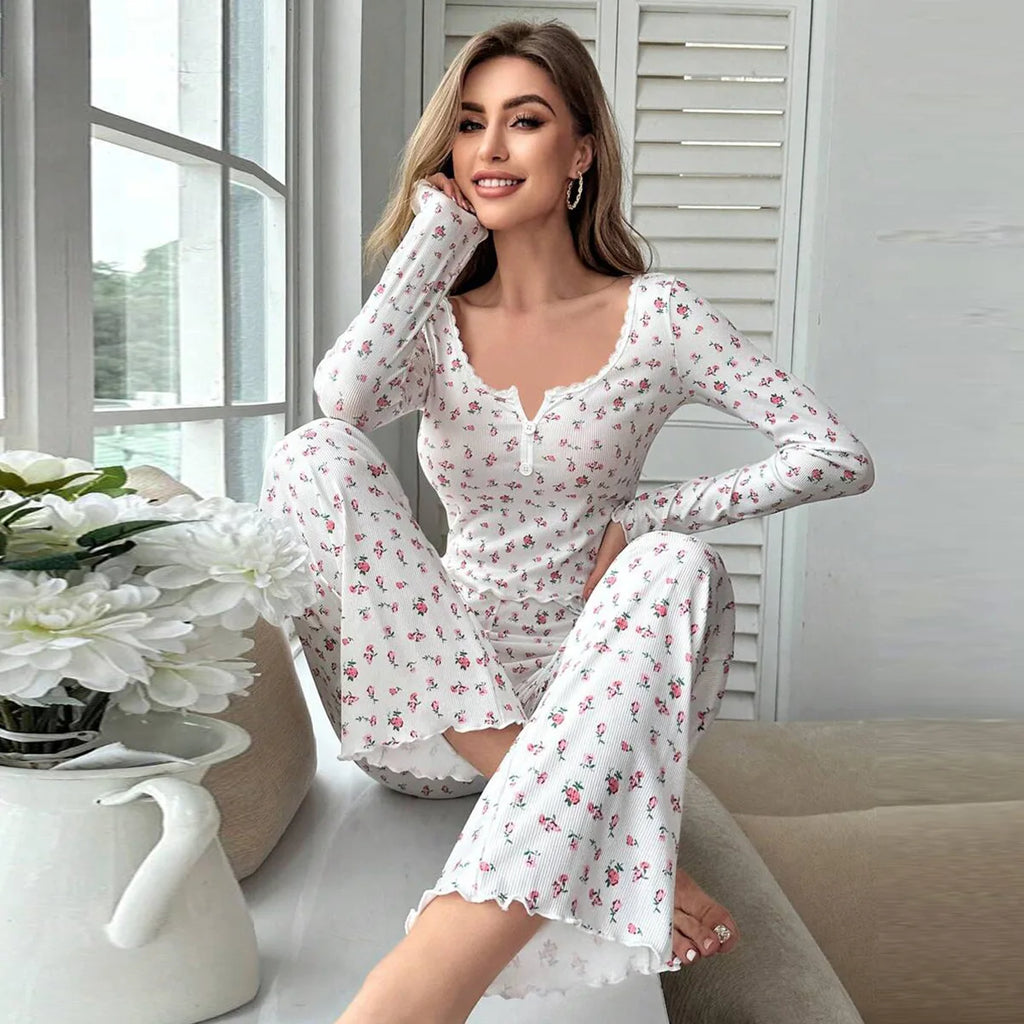 Spring Summer Women's Sleepwear Floral Print Lettuce Trim Pajamas Set Tops and Long Trousers Loungewear Nightwear