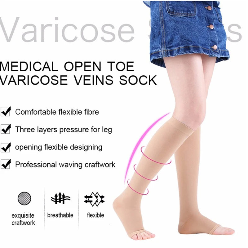 Compression Socks S-XXL Medical Edema Pregnant Varicocele Open Toe Socks Men Women Solid Color Knee Length Elastic Tight Socks