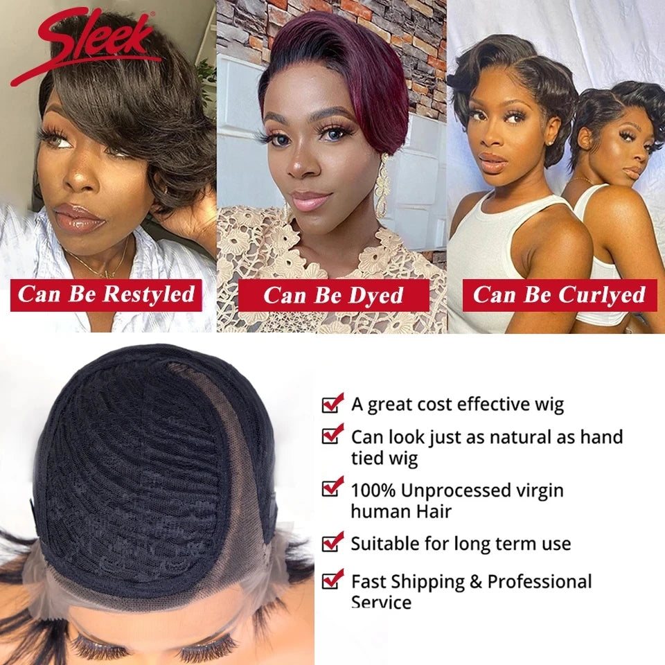 Sleek Blond 613 Short Pixie Cut Bob Wigs Lace Front T Part Human Hair Wigs Black Dark Wigs Brazilian Straight Grey Remy Hair Wig