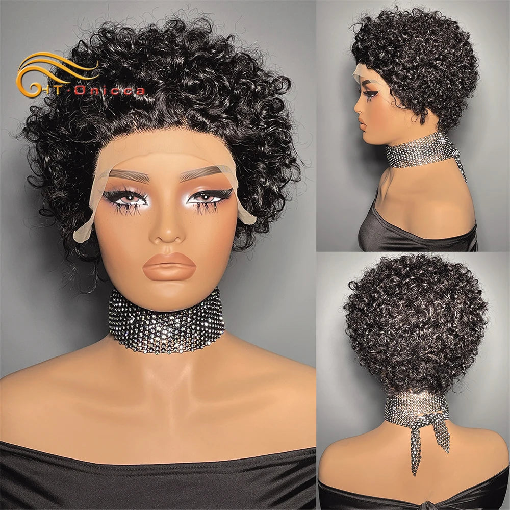 Curly Human Hair Wig Short Bob Pixie Cut Wig Human Hair For Women Brazilian Water Wave 13x1 Transparent Lace Wig