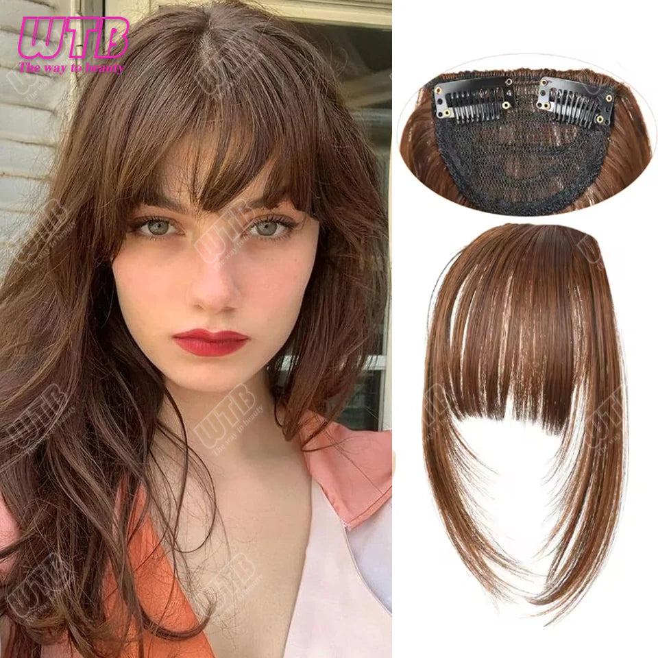 Natural Straight Blunt Bangs Synthetic Natural Brown Black False Fringe Clip In Front Hair With Fringe with Temples Daily Wear