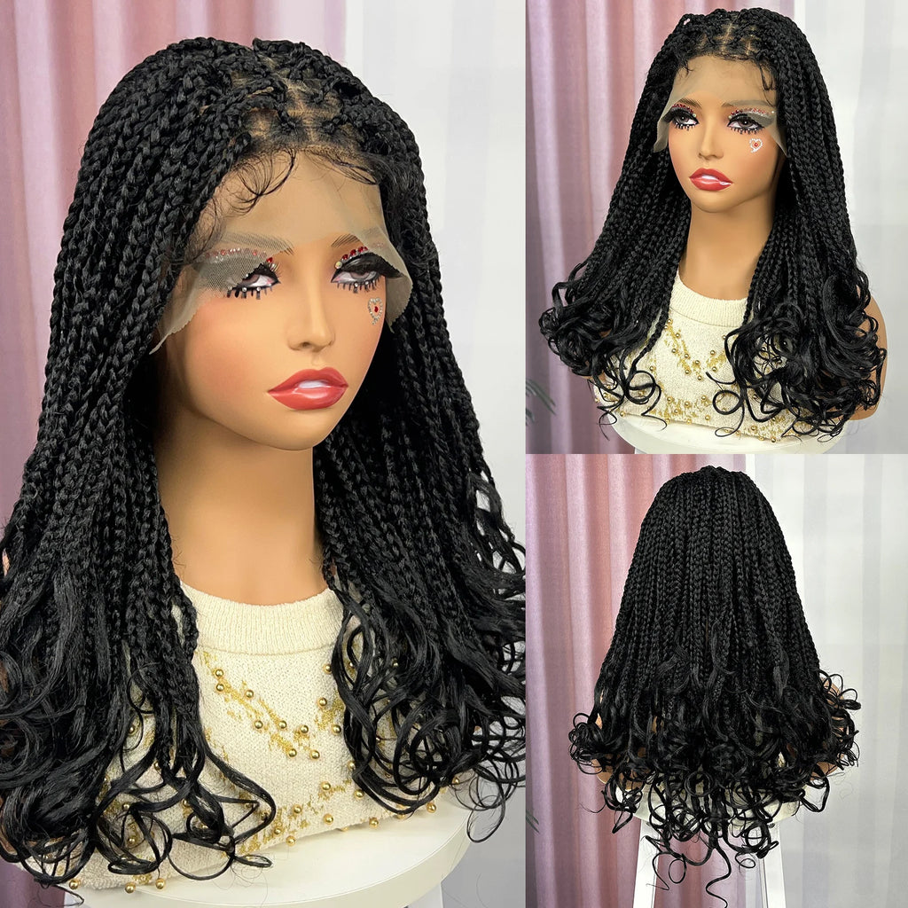 Ombre Synthetic Lace Front Square Knotless Box Braided Wig with Wavy Ends Lace Frontal Braids Wig with Baby Hair for Black Women