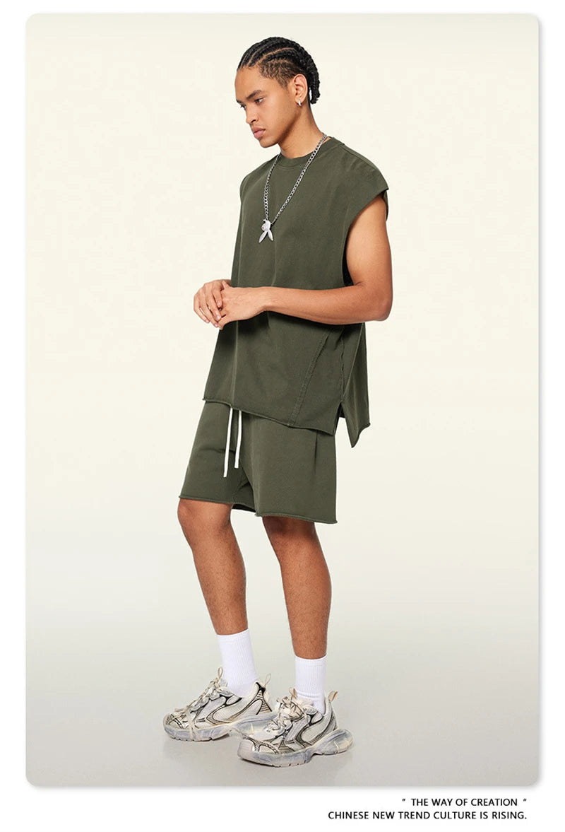 ZODF Vintage 2024 Washed 270gsm Cotton Tank Tops For Men Unisex Summer Relax Fit Slit Sleeveless Vest Streetwears HY0777