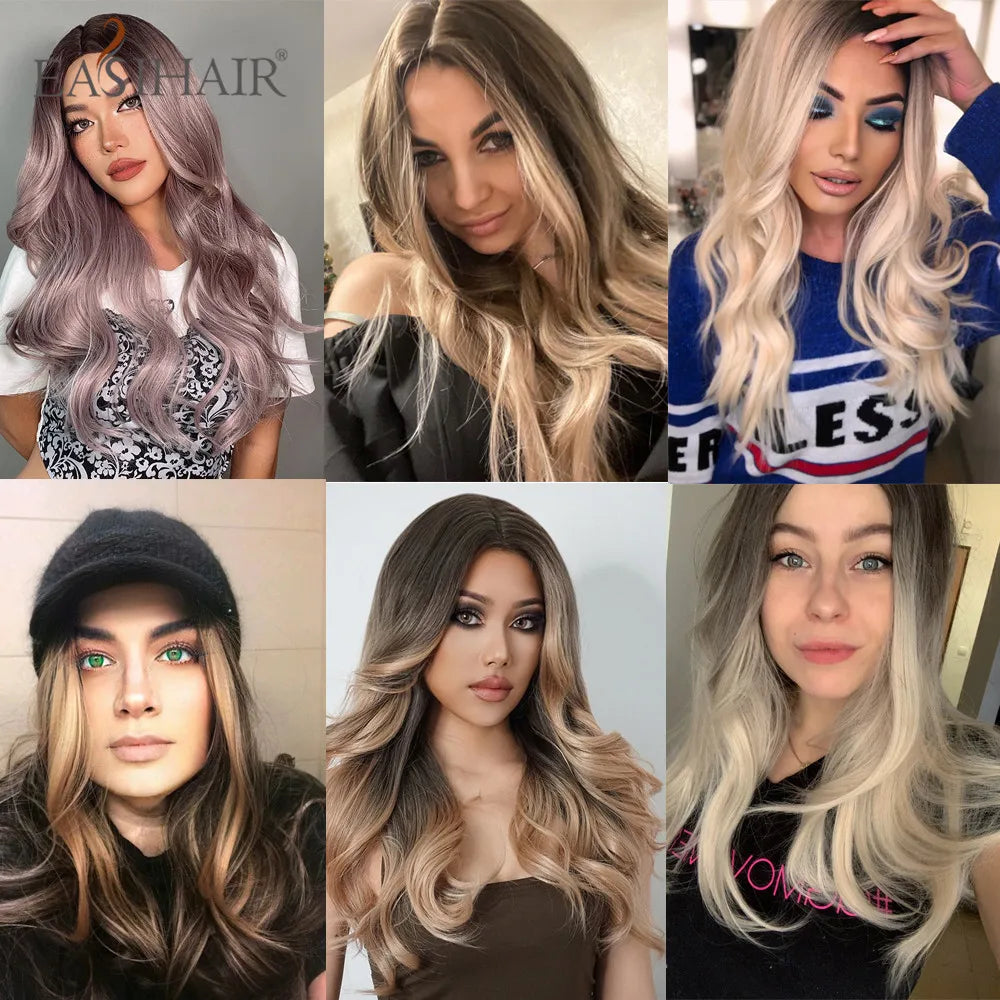 EASIHAIR Ombre Brown Light Blonde Platinum Long Wavy Middle Part Hair Wig Cosplay Natural Heat Resistant Synthetic Wig for Women