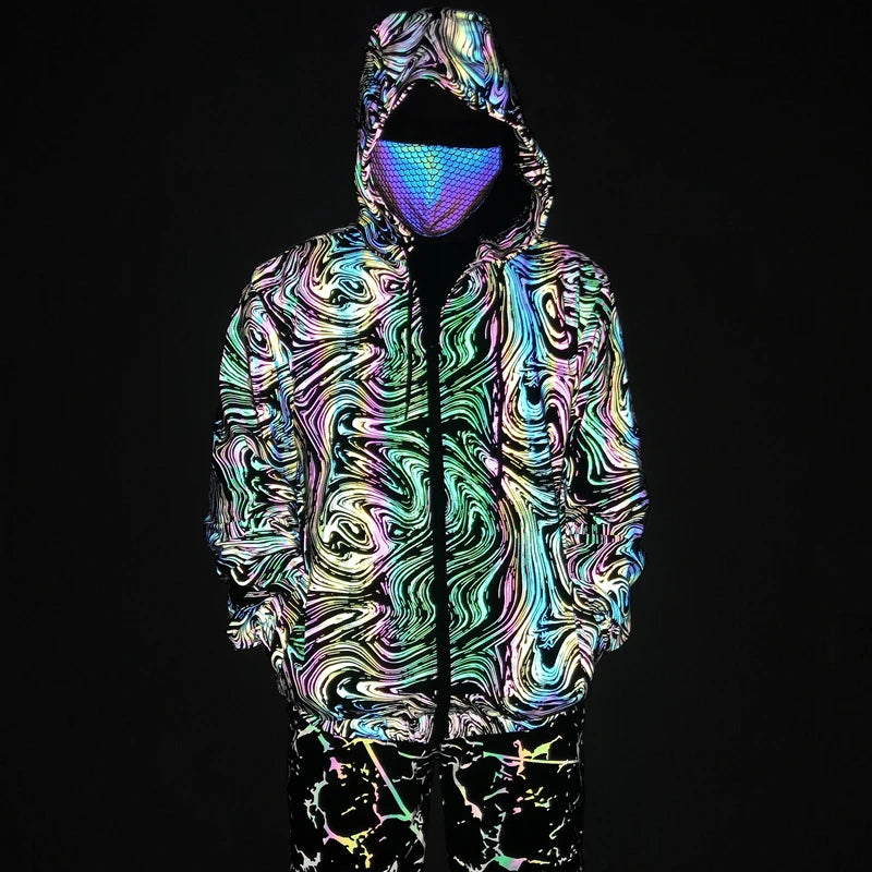 Drop shipping Holographic Reflective Jackets Men Techwear Night Walk Dance Hip Hop Breathable Hooded Coat Jaqueta Masculina