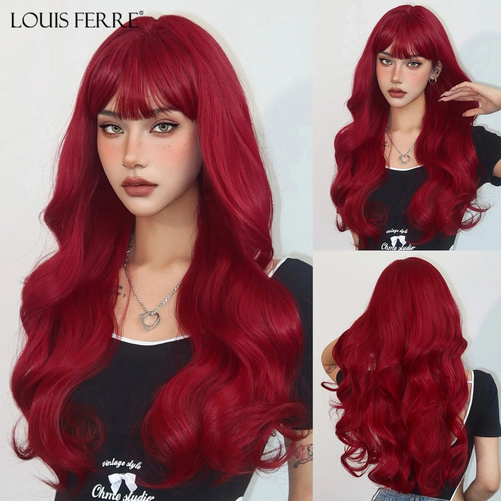 LOUIS FERRE Brown Blonde Highlights Wigs For Women Daily Long Wavy Curly Synthetic Wigs Natural Heat Resistant Hair With Bangs