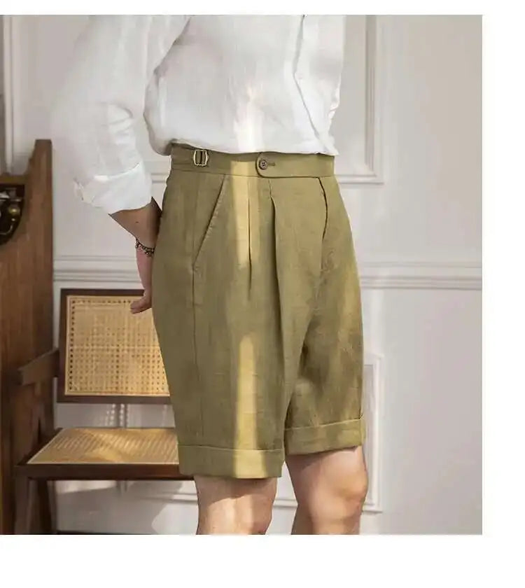 100% Linen Summer Straight Naples Shorts Men Solid Color Business Dress Pants Office Social Casual Slim Fit Shorts