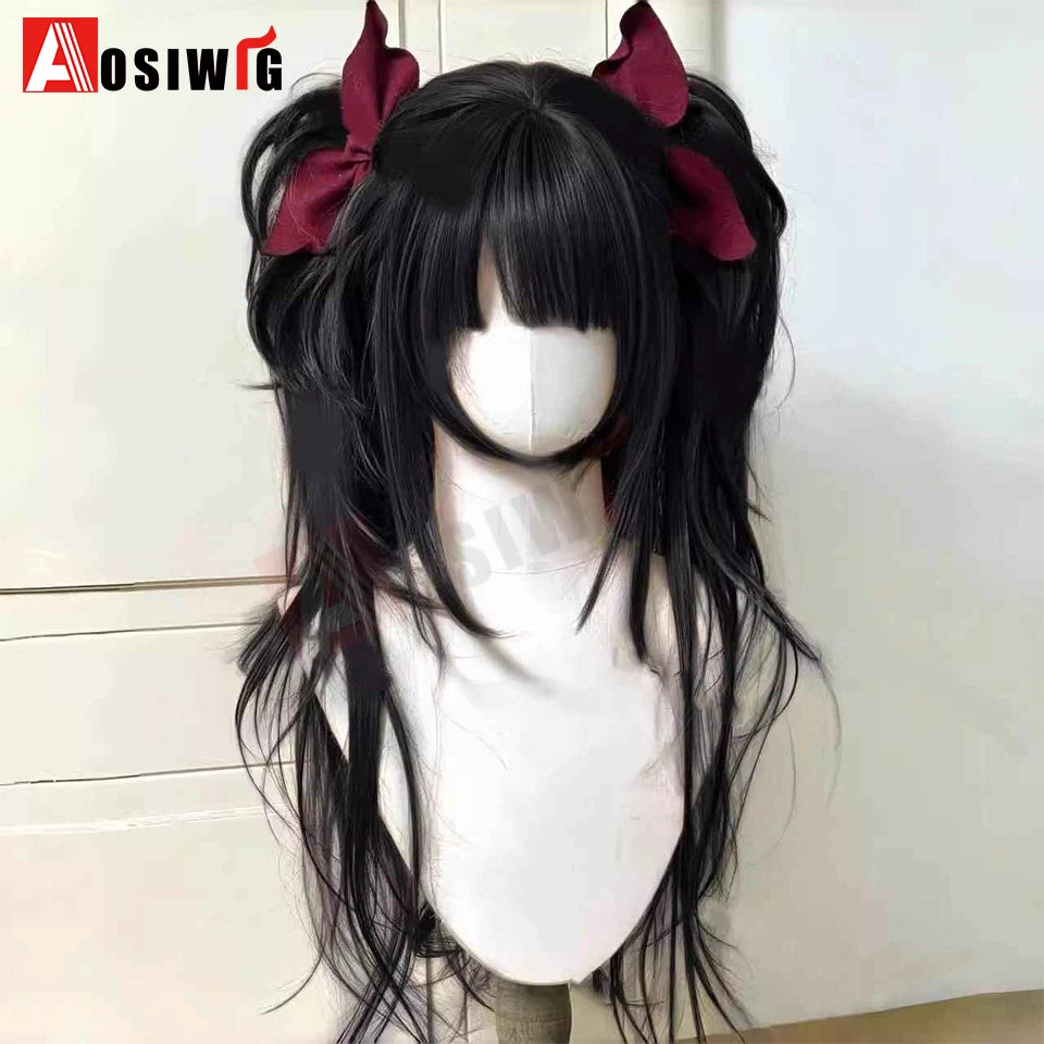 AOSI Synthetic Long Curly Wig Double Ponytail Cute Lolita Women Wigs Halloween Cosplay Style Blonde Brown Party Wig