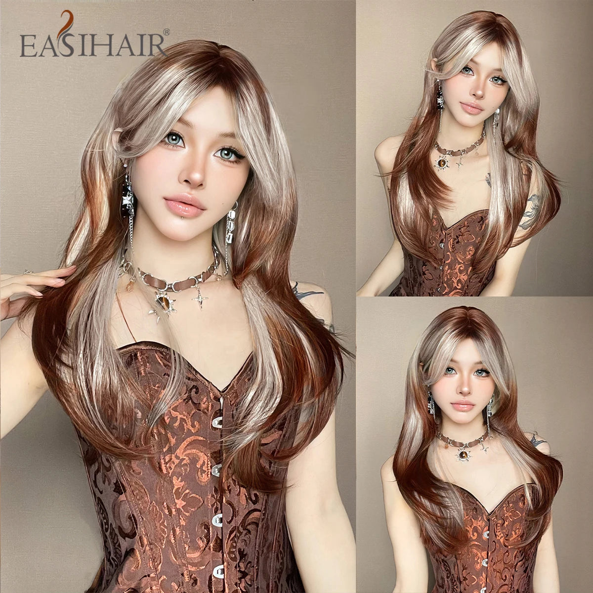EASIHAIR Brown Straight Layered Wigs for Women Long Natural Hair Synthetic Wigs With Bangs Daily Use Party Heat Resistant Wigs