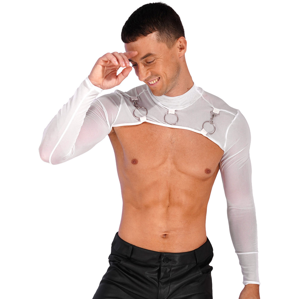MSemis Male Mens Transparent Moto Sexy Tops Long Sleeve O-Ring Decor T-Shirt See-Through Mesh Half Crop Top Party Clubwear