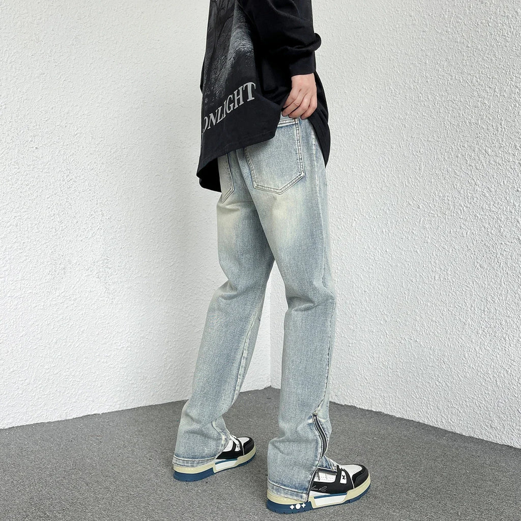 2024 Spring Autumn Korean Men Fashionable Retro Street Jeans Zip Design on Trouser Legs Straight-leg Denim Pants Men's Clothing