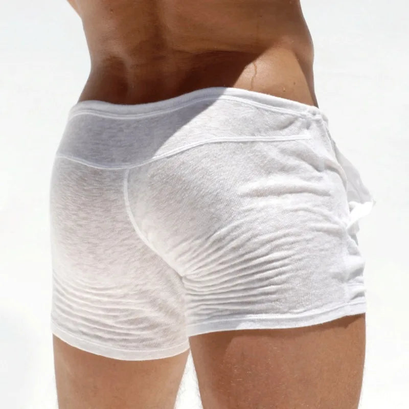 【 Quick Delivery From Stock 】Summer Men's Semi-transparent Sexy Lace-up Shorts Home Casual Comfortable Fitness Shorts Sweatpants