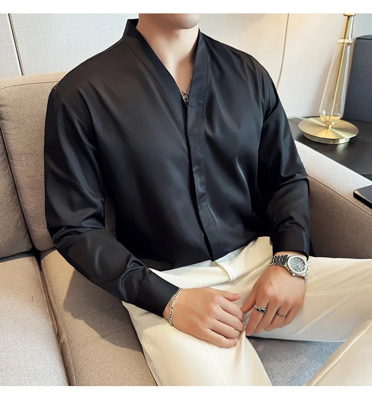 High Quality Collarless Shirts Men Fashion Slim Fit Long Sleeve Casual Shirts Business Office Social Formal Shirt Men Clothig
