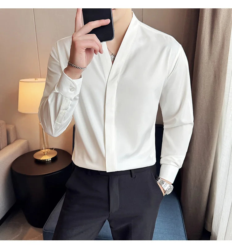 High Quality Collarless Shirts Men Fashion Slim Fit Long Sleeve Casual Shirts Business Office Social Formal Shirt Men Clothig