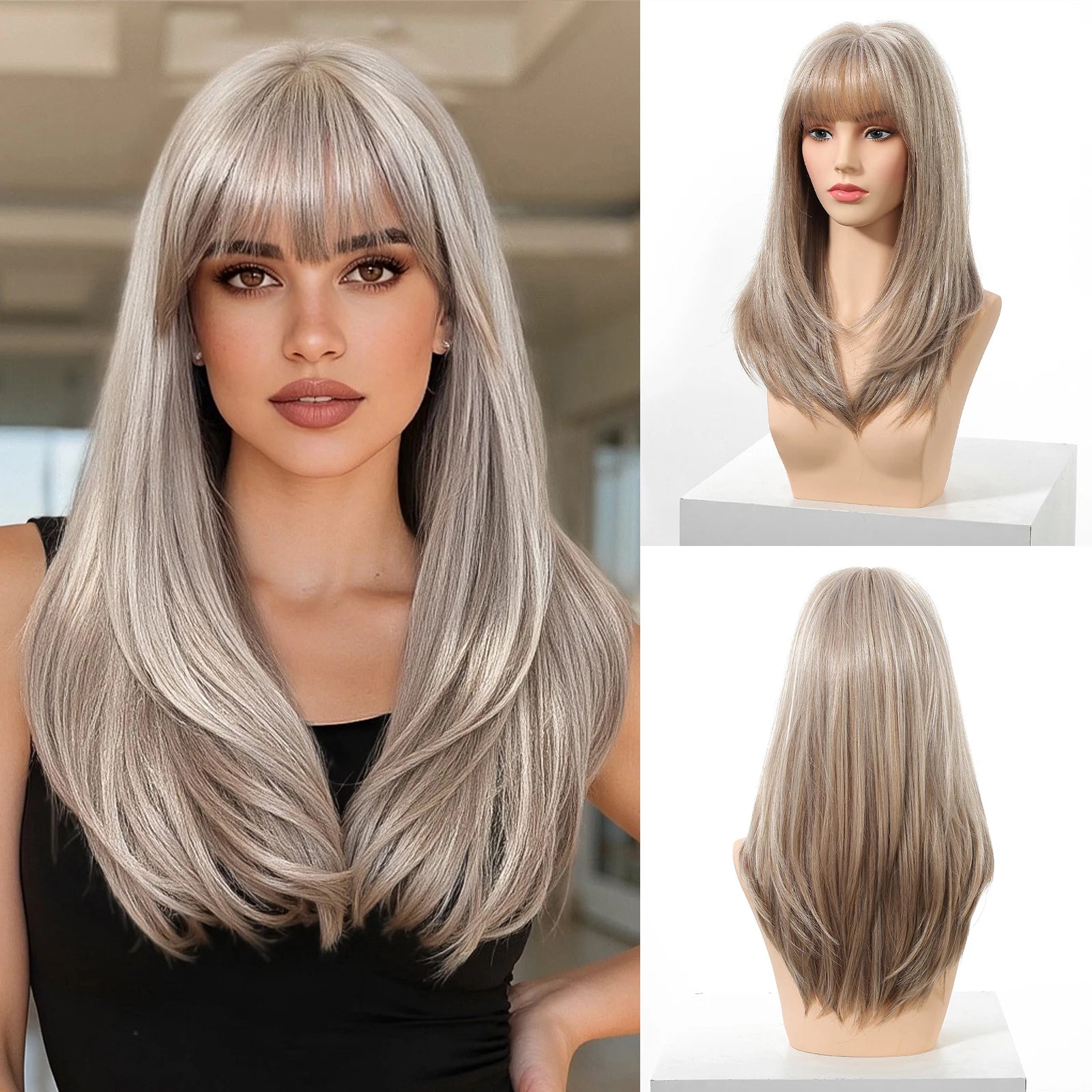 EASIHAIR Brown Straight Layered Wigs for Women Long Natural Hair Synthetic Wigs With Bangs Daily Use Party Heat Resistant Wigs