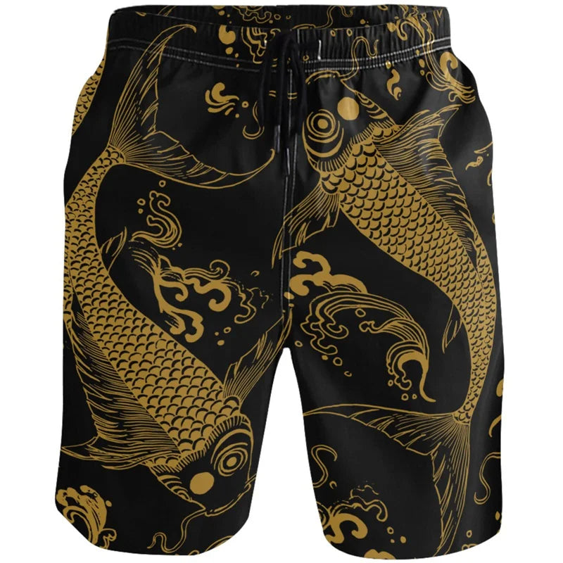Vintage Chinese Carp Dragon 3d Printed Beach Shorts Street Short Pants Men Summer Loose Swim Trunks Quick Dry Board Shorts