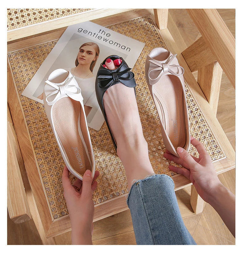34-43 big size luxury peep toe bowtie flat shoes woman black/white leather ballet flats bow zapatos mujer primavera verano 2022