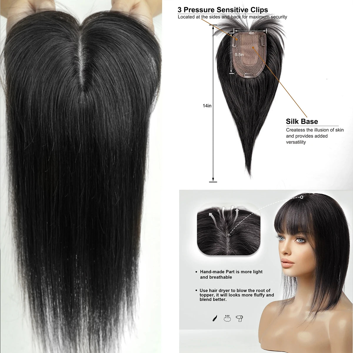 14 Inch Brown Silk Base Remy 100%Human Hair Toppers Clip-In Top Hairpiece for Women Natural Straight Hair Extensions