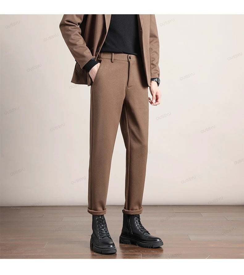 Brand Clothing Autumn Winter Luxury Suit Pants Men Thick Business Elastic Waist Woolen Ankle Pant Korean Formal Long Trousers