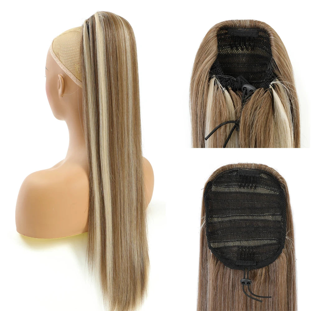 28Inch Straight Ponytail Blond Highlight 12/613 Ombre Brown Hair Extension With Clip 180Gram High Temperature Bio Synthetic Hair
