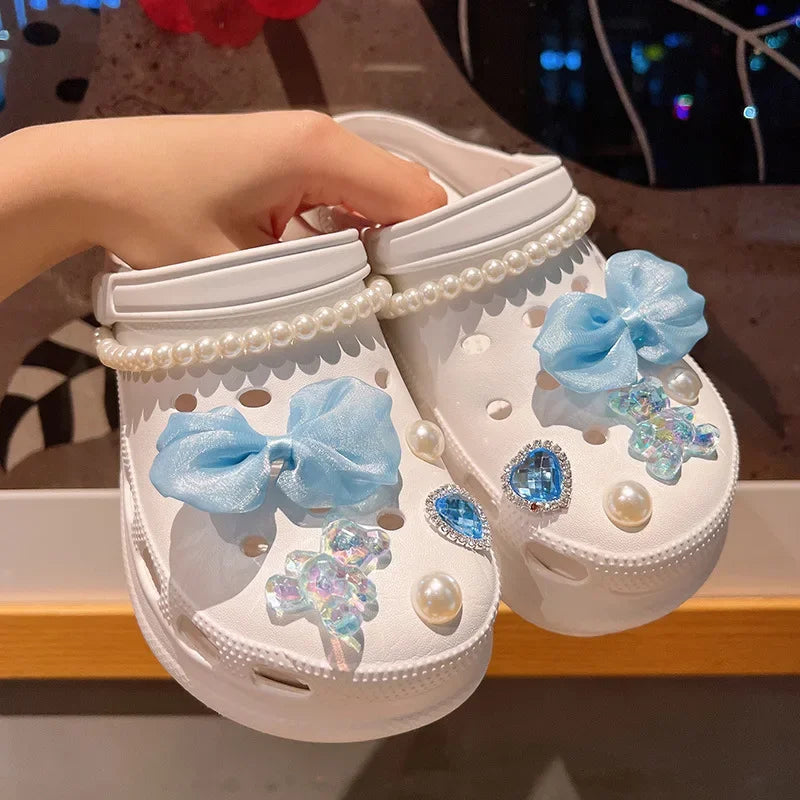 12/14PCS Advanced Bow Shoe Decorations Shoe Charms Set Pearl Butterfly Shoe Decoration DIY Detachable Buckle Shoes Accessories