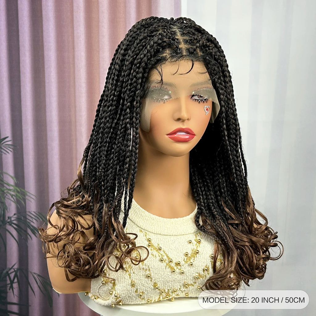Ombre Synthetic Lace Front Square Knotless Box Braided Wig with Wavy Ends Lace Frontal Braids Wig with Baby Hair for Black Women