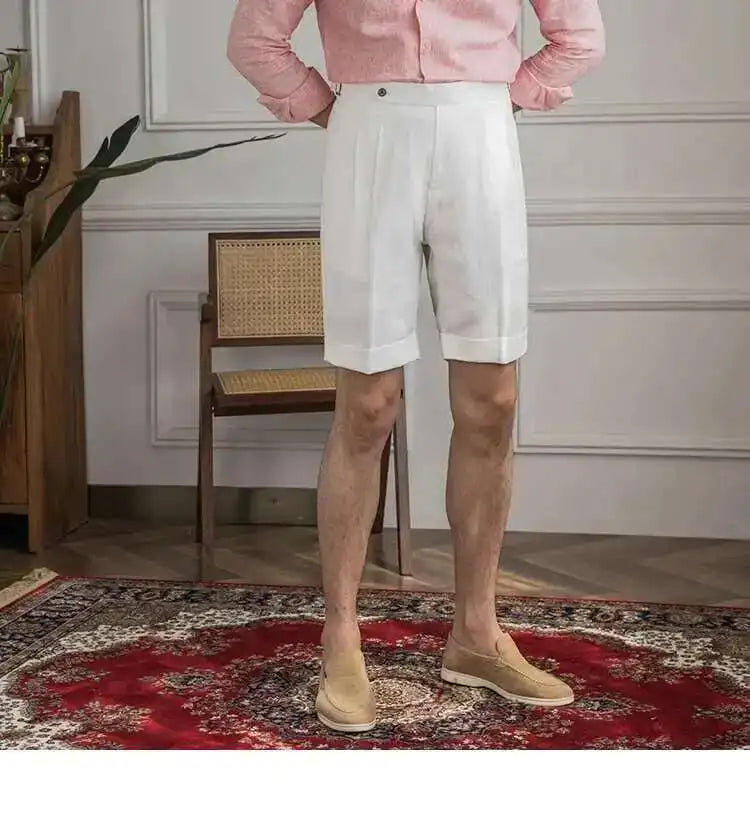 100% Linen Summer Straight Naples Shorts Men Solid Color Business Dress Pants Office Social Casual Slim Fit Shorts