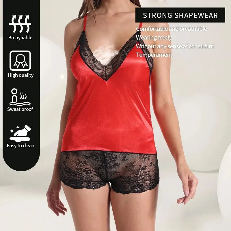 New Summer Women's Sexy Low Cut V-Neck Lace Jumpsuit Women's Camisole V-Neck Lace Patchwork Shorts Pajamas