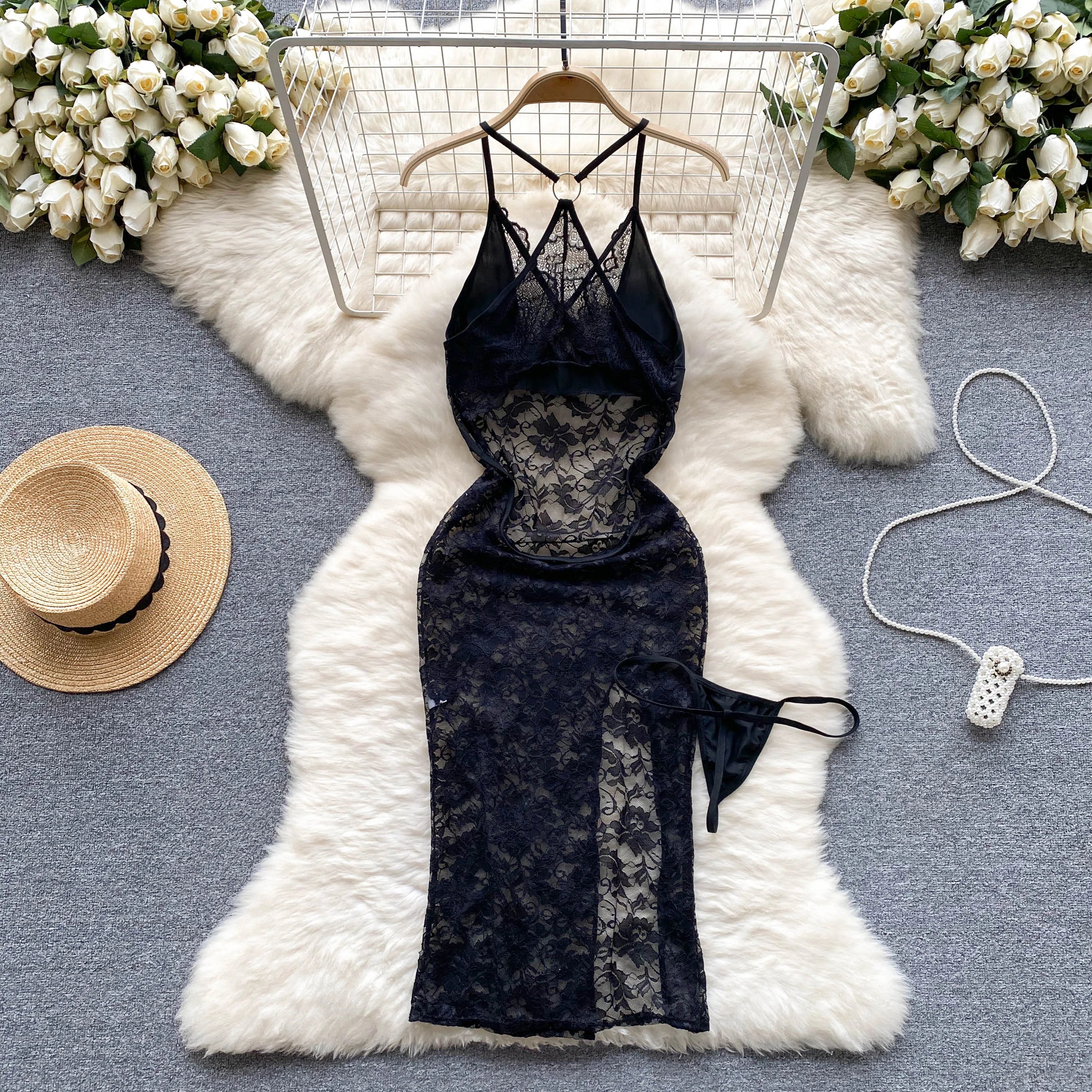 SINGREINY Summer France Sensual Night Dress Erotic Hollow Out Camis Lingerie Nightwear Women Split Slim Sheer Lace Pajamas Dress