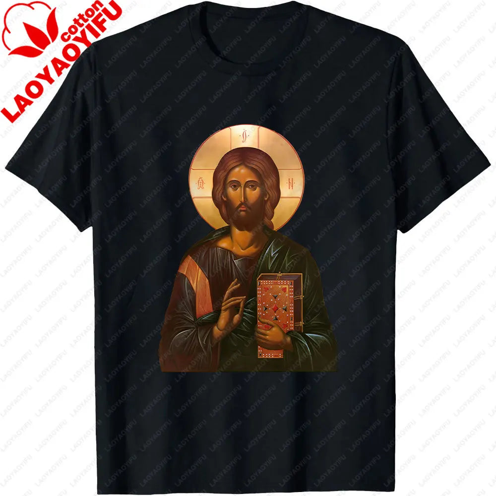 Jesus Christ Pantocrator Icon Sinai Orthodox Christian Man Gift Printed T-Shirt Summer Women Short Sleeve Cotton Unisex T Shirt