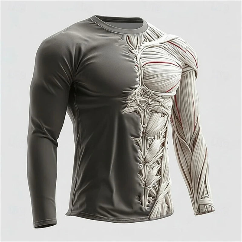 2026 New Men's Creative Muscle Texture Print T-Shirt Quick-Dry Crew Neck Long Sleeve Top Men's Casual Long Sleeve Pullover