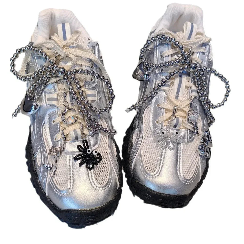 1PCS Fashion Silver Pearl Bow Pendant Gemstone Shoelaces Charms for Sneakers Shoe Decorations Buckle Girl Heart Shoe Charm