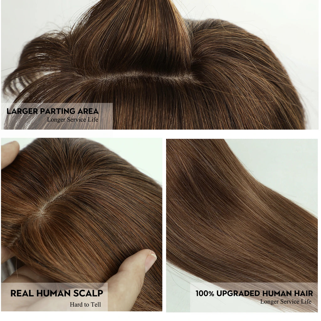 14 Inch Brown Silk Base Remy 100%Human Hair Toppers Clip-In Top Hairpiece for Women Natural Straight Hair Extensions