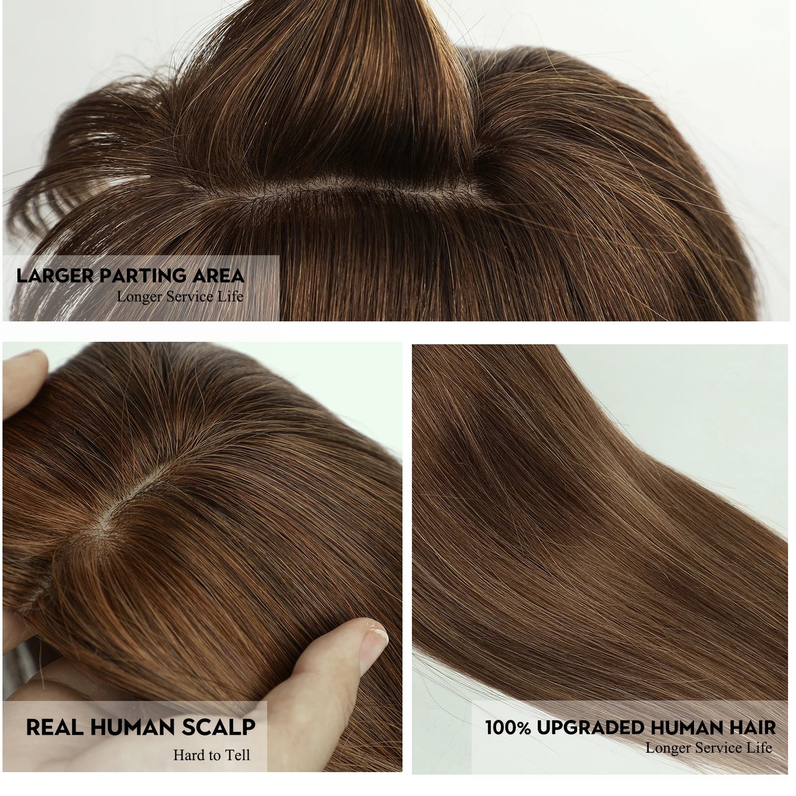 14 Inch Brown Silk Base Remy 100%Human Hair Toppers Clip-In Top Hairpiece for Women Natural Straight Hair Extensions