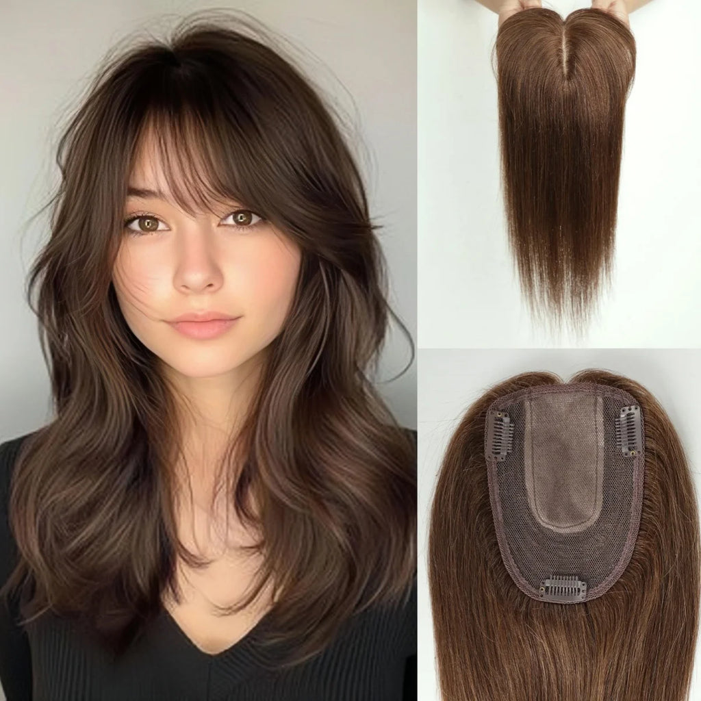 14 Inch Brown Silk Base Remy 100%Human Hair Toppers Clip-In Top Hairpiece for Women Natural Straight Hair Extensions