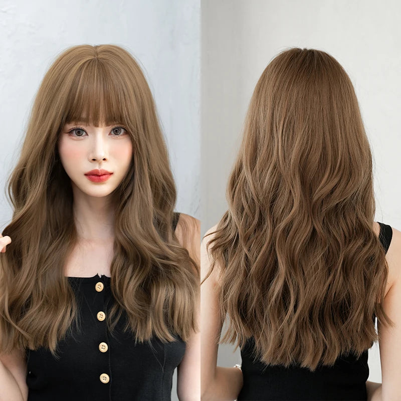 7JHH WIGS Body Wavy Wig Long Loose Curly Brown Wig for Women Daily Use High Density Synthetic Layered Hair Wigs with Bangs