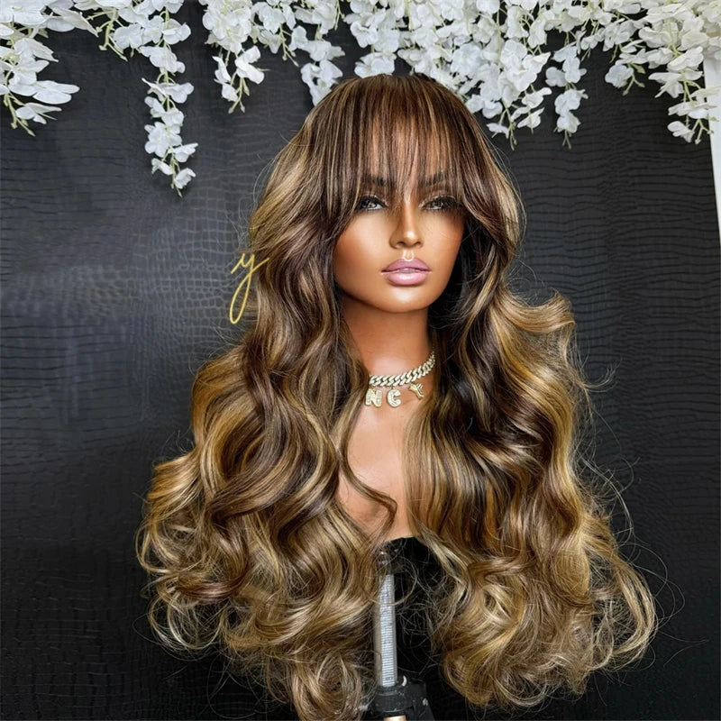 Ash Brown Mixed with Dirty Blonde Wig Natural Women"s Hairs Synthetic Lace Front Wigs with Bangs Long Glueless Wig Fringe Sale